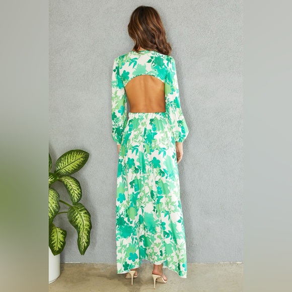 (50396-SPR-KELL) SPRING FLORAL PRINT ELASTIC LONG SLEEVE MAXI DRESS - Picture 3 of 4